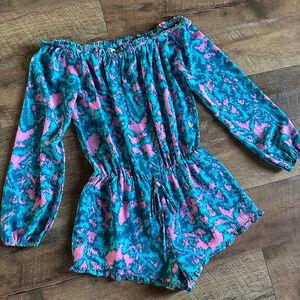Women's IZZY & LOLA Teal Pink Tie-Dye Off-Shoulder Romper S